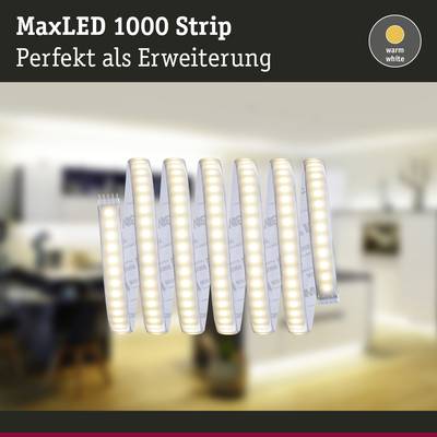 'MaxLED 1000 Strip' light strip in warm white, used as an extension, ideal for creating atmospheric lighting in living spaces.
