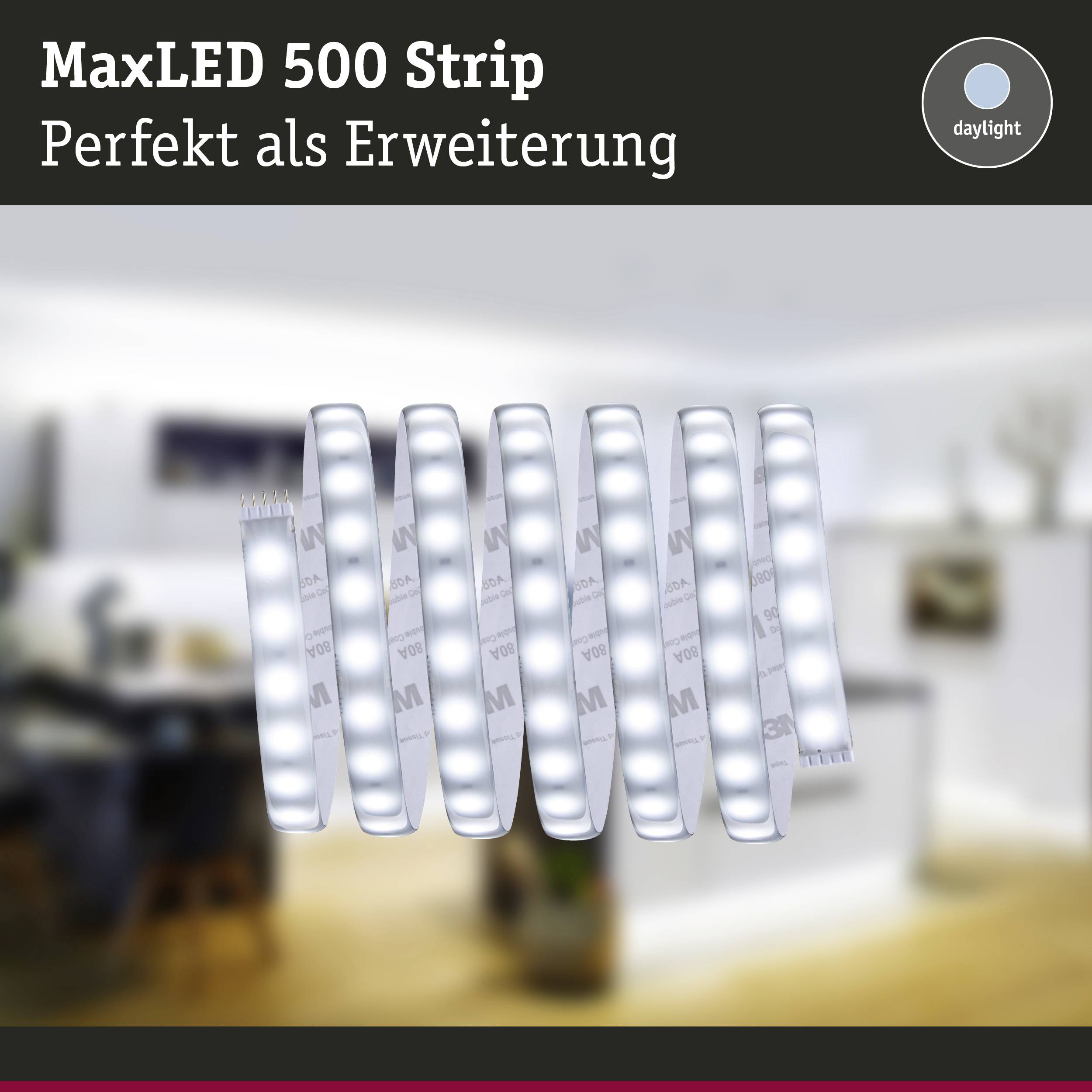 MaxLED 500 light strip in a room, advertised as 'Perfect as an extension' with a daylight symbol.