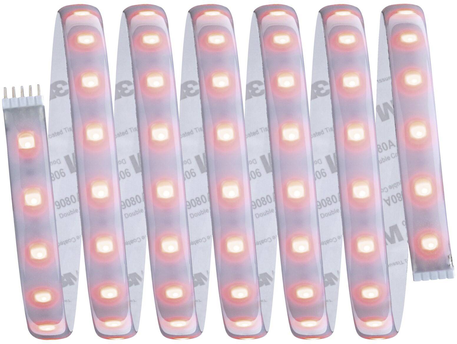 A flexible LED strip glows in a warm red hue. The strips are arranged multiple times in a uniform looped formation.