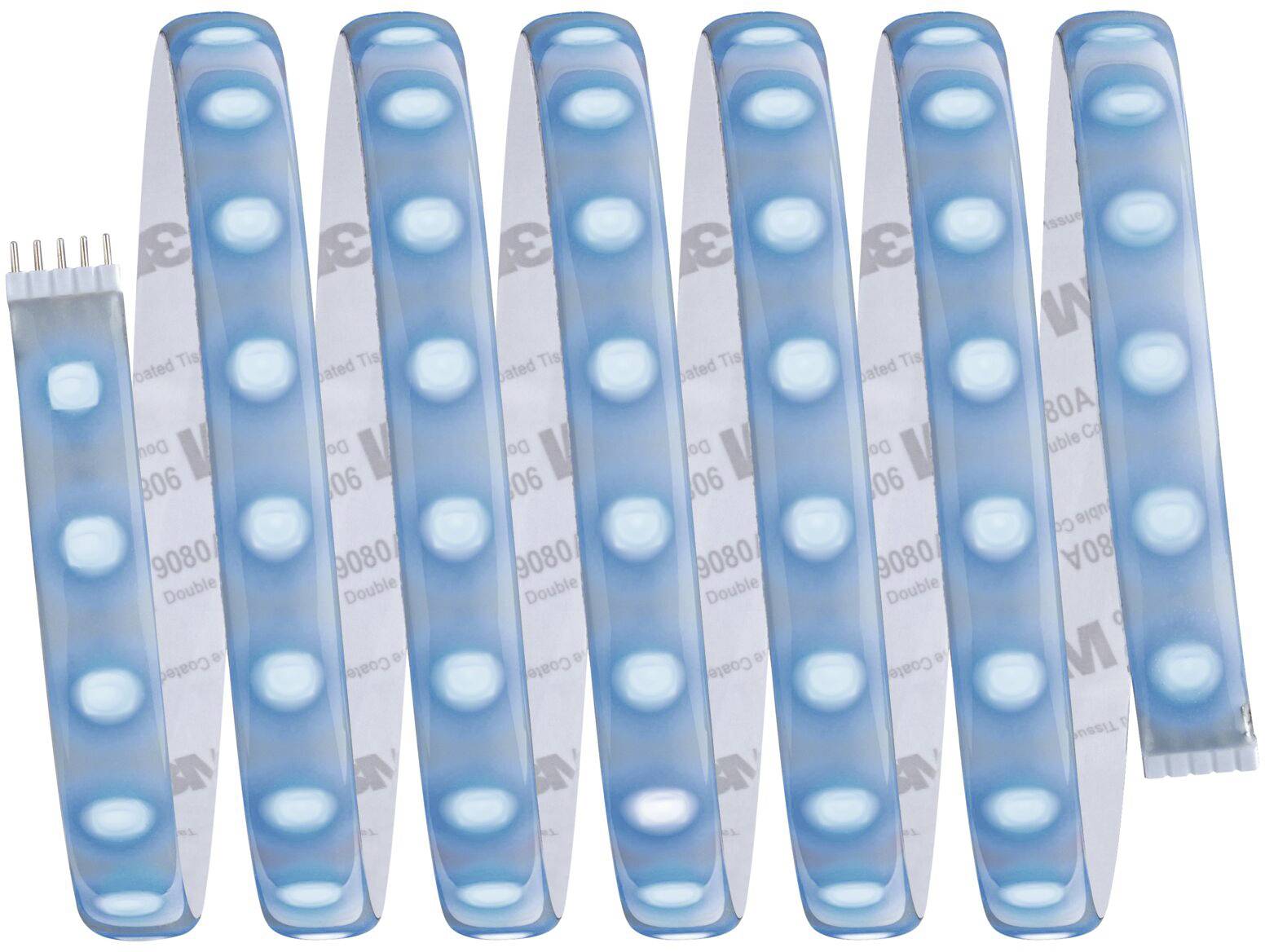 Blue LED strip, slightly curved, on a white background.