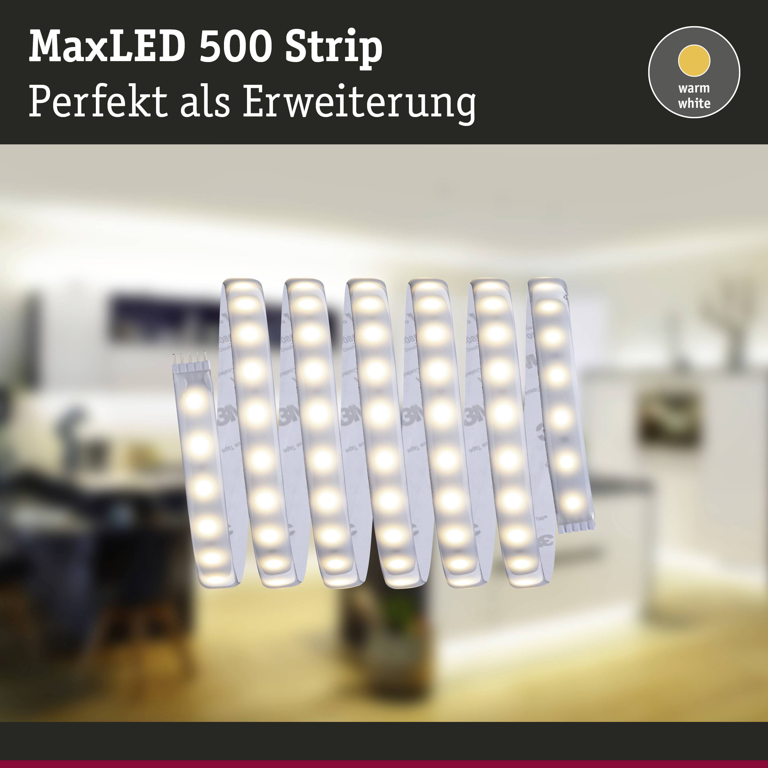 'MaxLED 500 Strip: Perfect as an Extension.' Shows a warm white LED light strip, compatible with extending lighting.