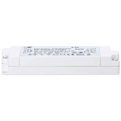 Electronic transformer for 12V halogen lamps, 80W, with technical specifications on a white housing.