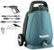 A pressure washer kit comprising a blue device with wheels and various interchangeable nozzles and attachments.