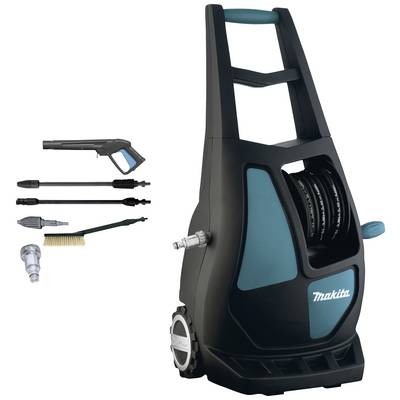 Pressure washer with wheels, hose storage and accessories including nozzles and brush, suitable for outdoor cleaning tasks.