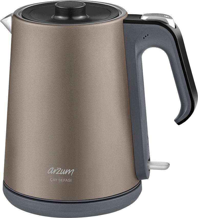Electric kettle with a beige casing, black handle and lid, brand name 'Arzum Çay Sefası' on the front.