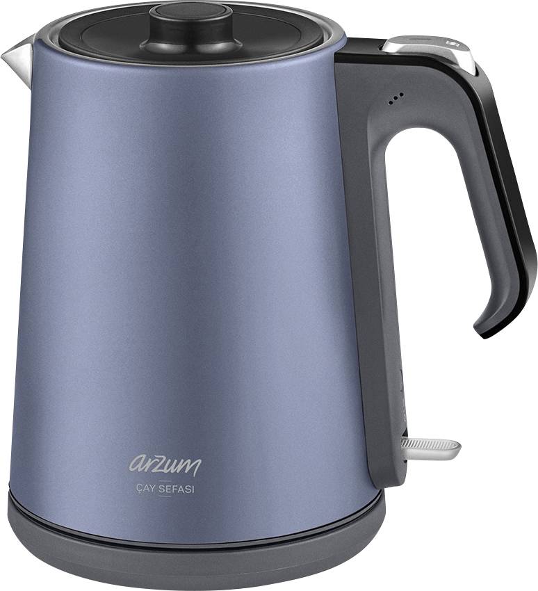 Blue electric kettle in modern design with a black handle and lid, featuring a logo with the inscription 'arzum Çay Sefası'.