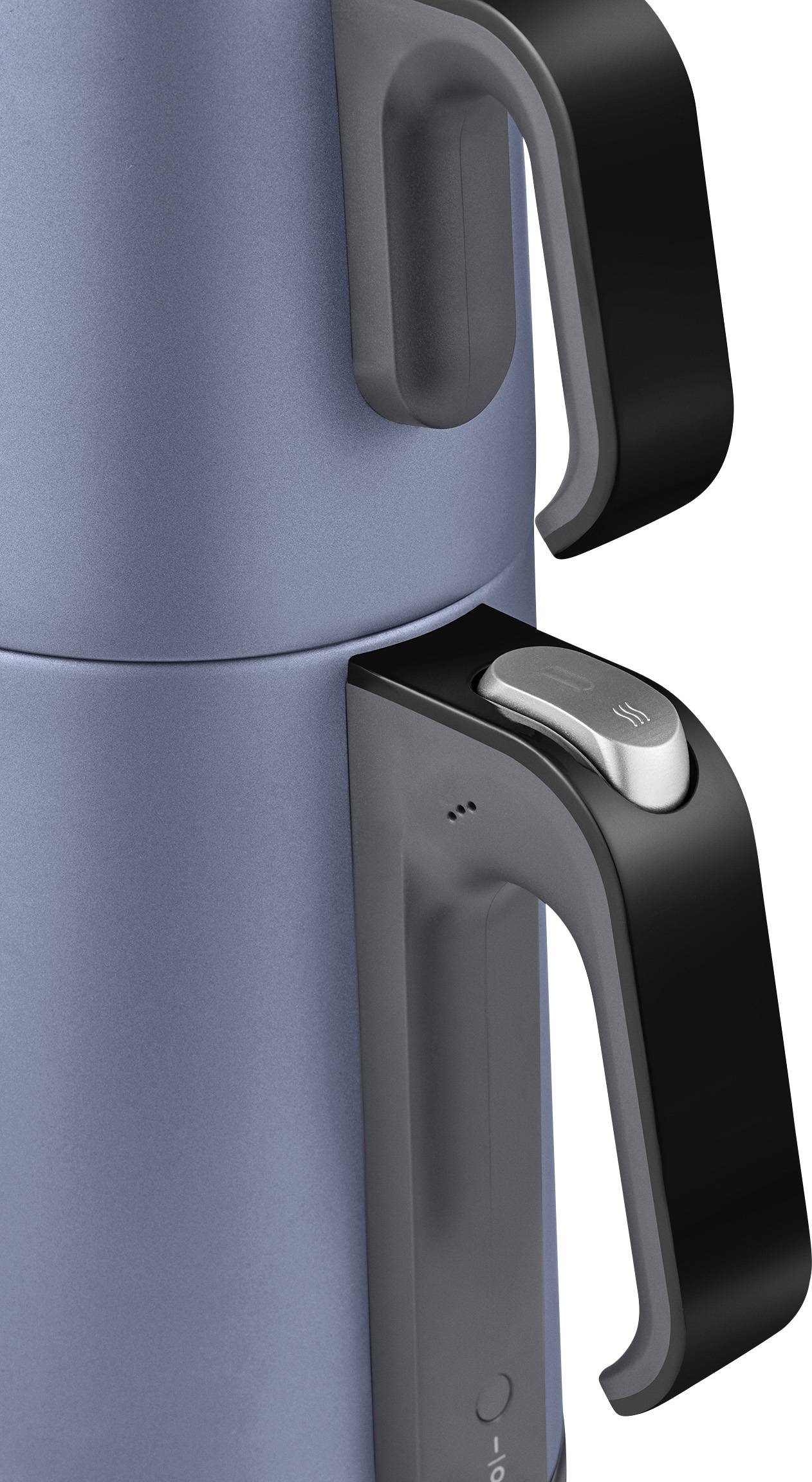 A blue metal kettle with a black handle and a silver button to open the lid.