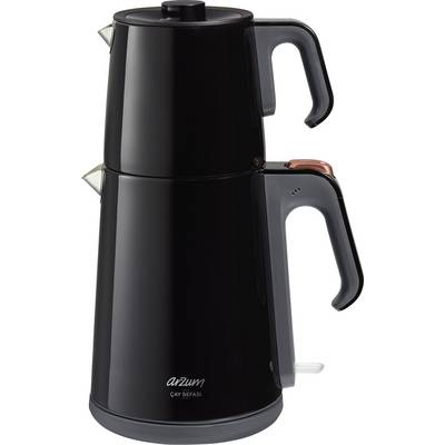 Black tea maker with double-walled design and two handles. Upper section for tea, lower section for hot water.