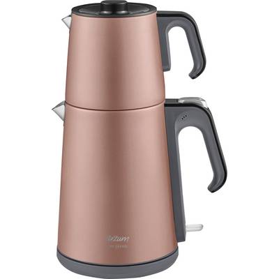 Rosa tea maker with a black handle and lid. The upper part serves as a tea infuser, the lower part as a water kettle.<br><br>Rosa tea maker with a black handle and lid. The top section functions as a tea infuser, while the bottom section acts as a water kettle.