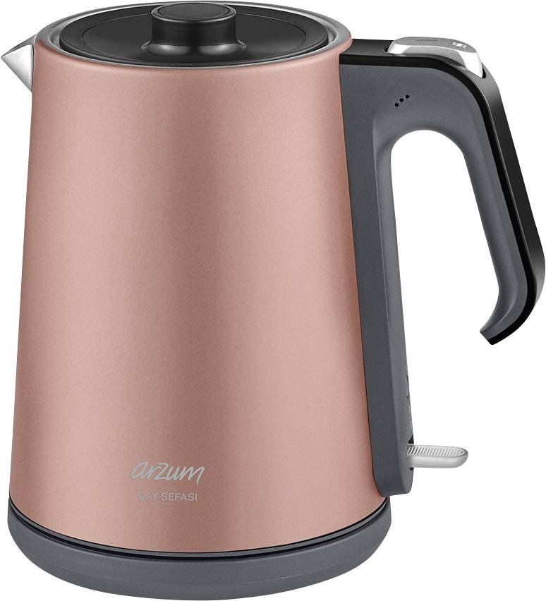 A pink electric kettle with a black handle and lid. The body of the kettle features the 'arzum' lettering.