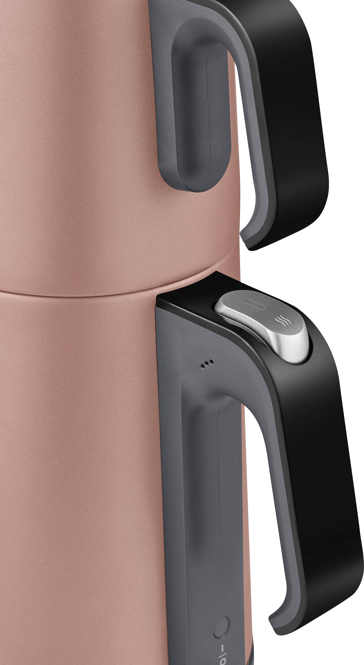 A pink kettle with a black handle. The lid features a silver button. Minimalist, modern design.