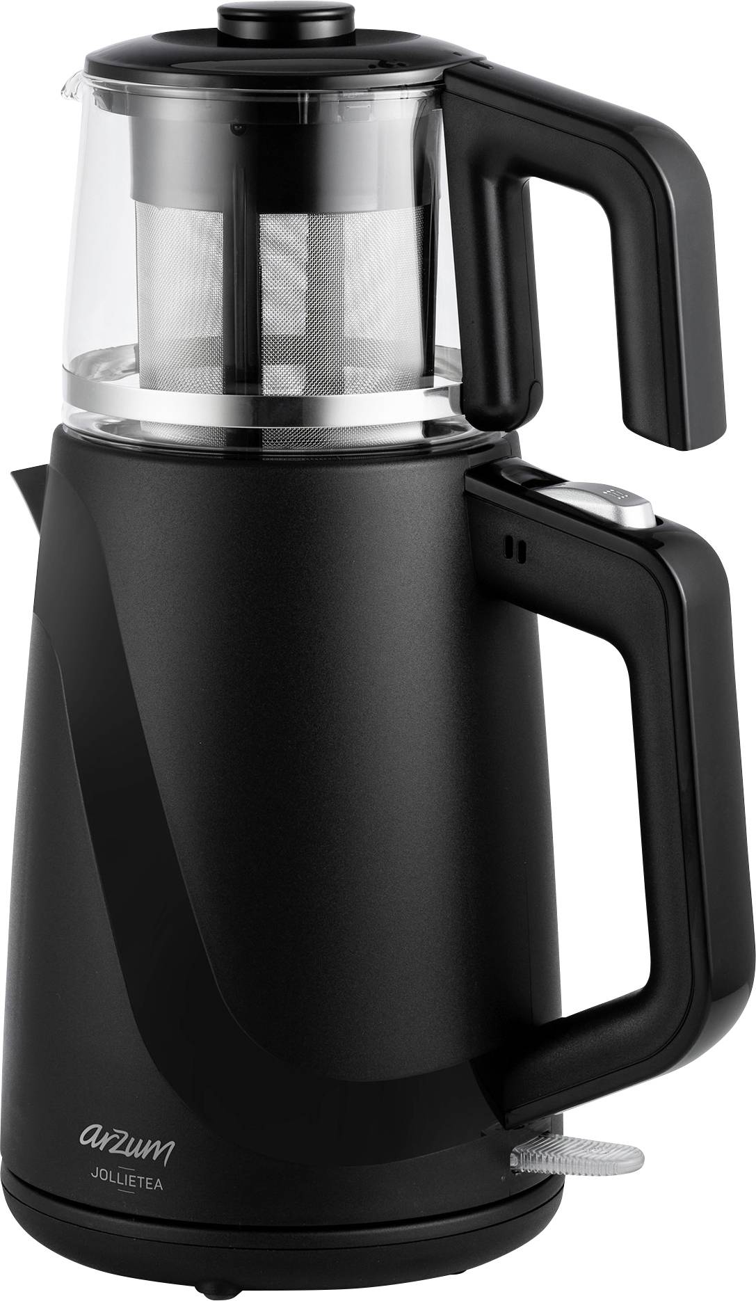 A black teapot with a glass lid and stainless steel filter. Elegant and modern, suitable for brewing tea.