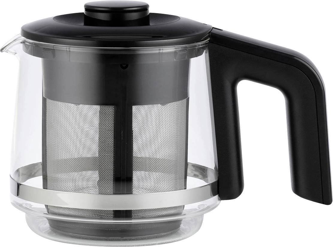 Transparent glass teapot with a black lid and handle. Includes a stainless steel tea strainer. Perfect for brewing tea.