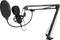 A microphone with a pop filter is attached to an adjustable arm, ready for sound recordings in a studio.