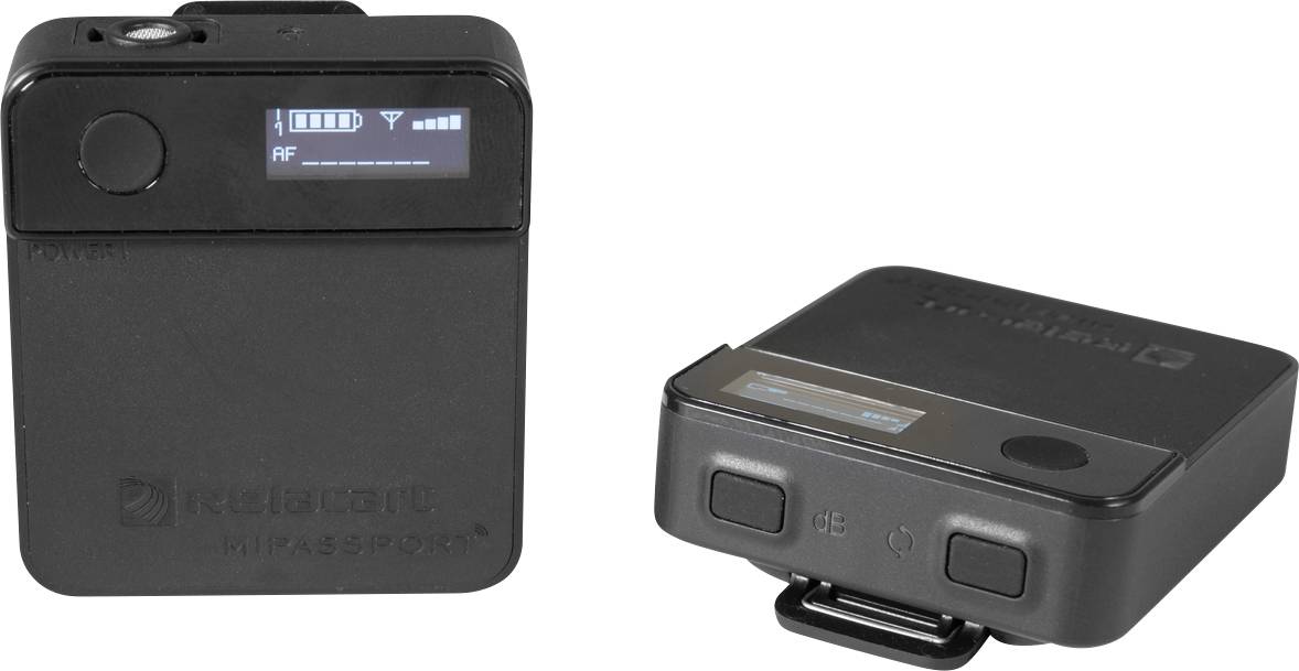 Two black electronic devices. On the left, a screen displays the battery level and an 'RF' signal; on the right, two buttons and a screen.