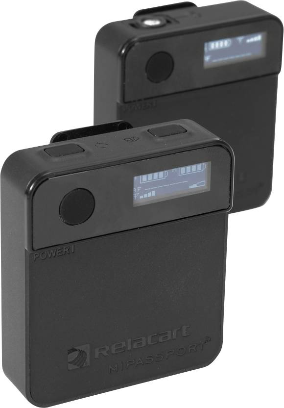 Two black wireless microphone receivers with small screens displaying operational information.
