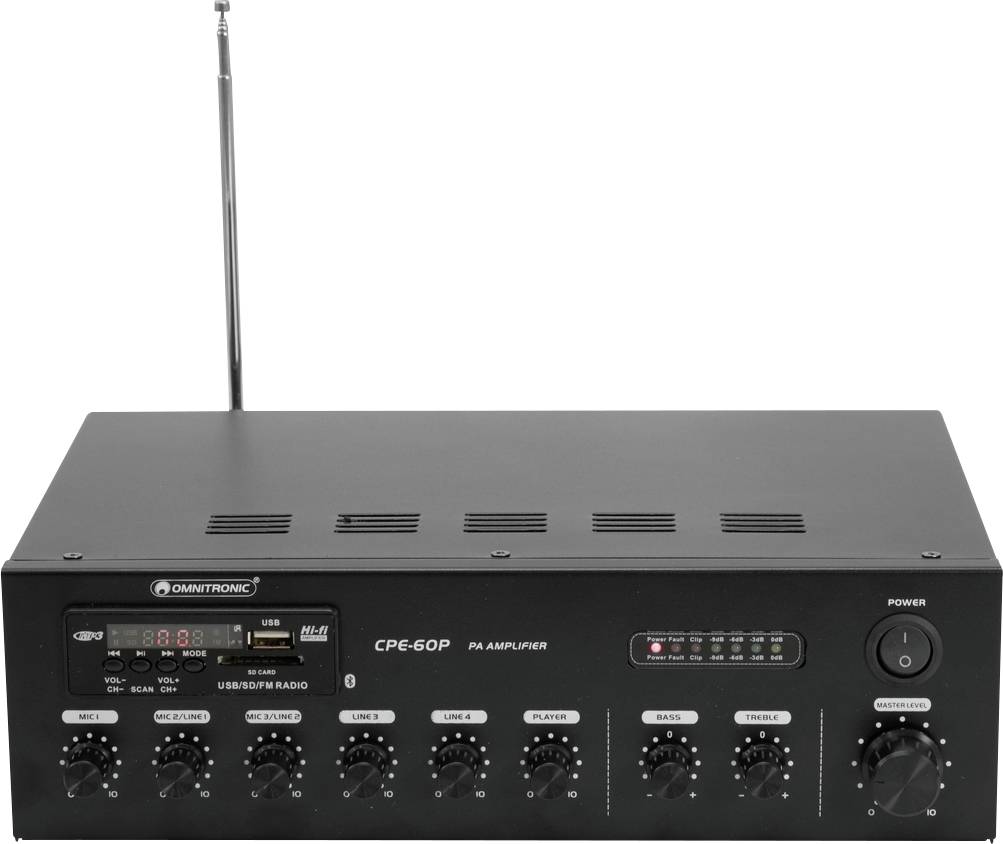 Black PA amplifier with numerous controls and switches on the front panel. An antenna rises upwards on the left side.