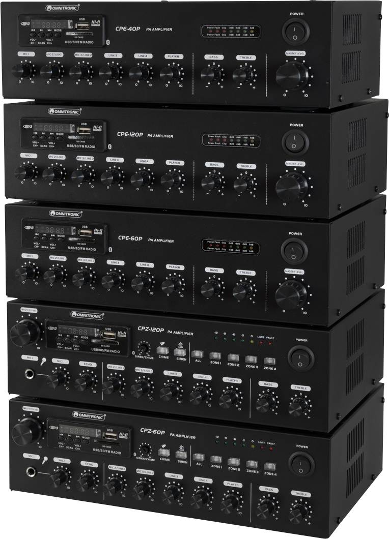 A stack of five black audio amplifiers with controls and displays on the front for volume and sound adjustment.
