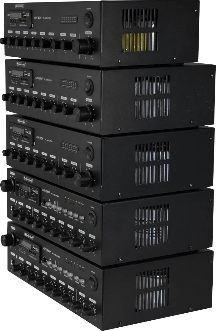 A stack of five black audio amplifiers with buttons and displays on the front, all aligned in the same orientation.