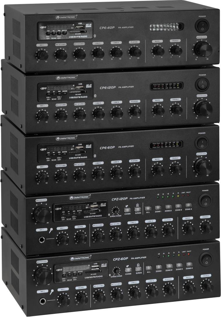 A stack of five audio mixing amplifiers, each with multiple rotary knobs, switches, and LEDs, for sound control and amplification.
