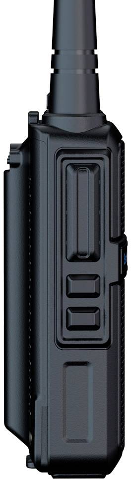 A black, modern walkie-talkie from the side. It has an aerial and several side buttons for easy operation.