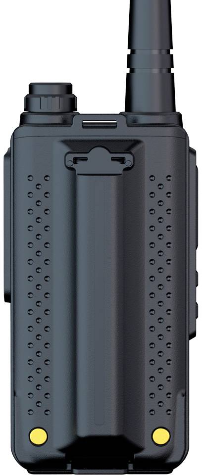 A handheld radio with an antenna and buttons. The back is visible, showing the battery compartment and textured design for better grip.