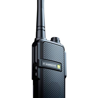 Handheld radio transceiver with an antenna, black surface and 'Albrecht' brand logo. The device has an illuminated square on the front panel.
