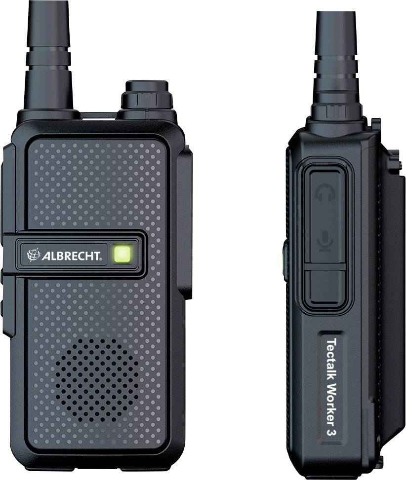 Two black handheld two-way radios, front and side view. On the left, a speaker and LED display, on the right labelled 'TecTalk Worker 3'.