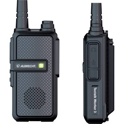Two black handheld two-way radios, front and side view. On the left, a speaker and LED display, on the right labelled 'TecTalk Worker 3'.