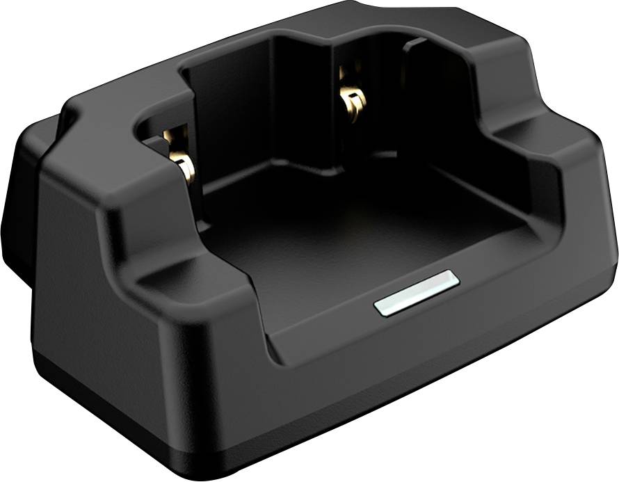 Black charging station with two golden contacts for charging electronic devices.