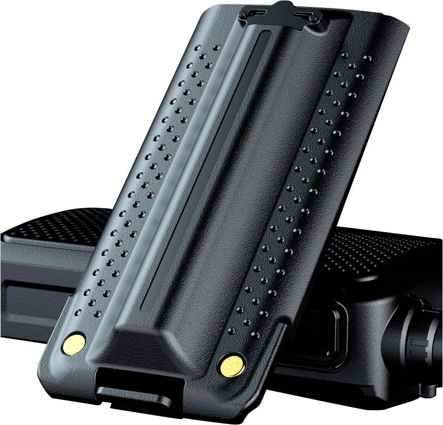 Two black, structured mobile phone cases. One is positioned vertically, the other lies flat in the background. Both display stylish details.