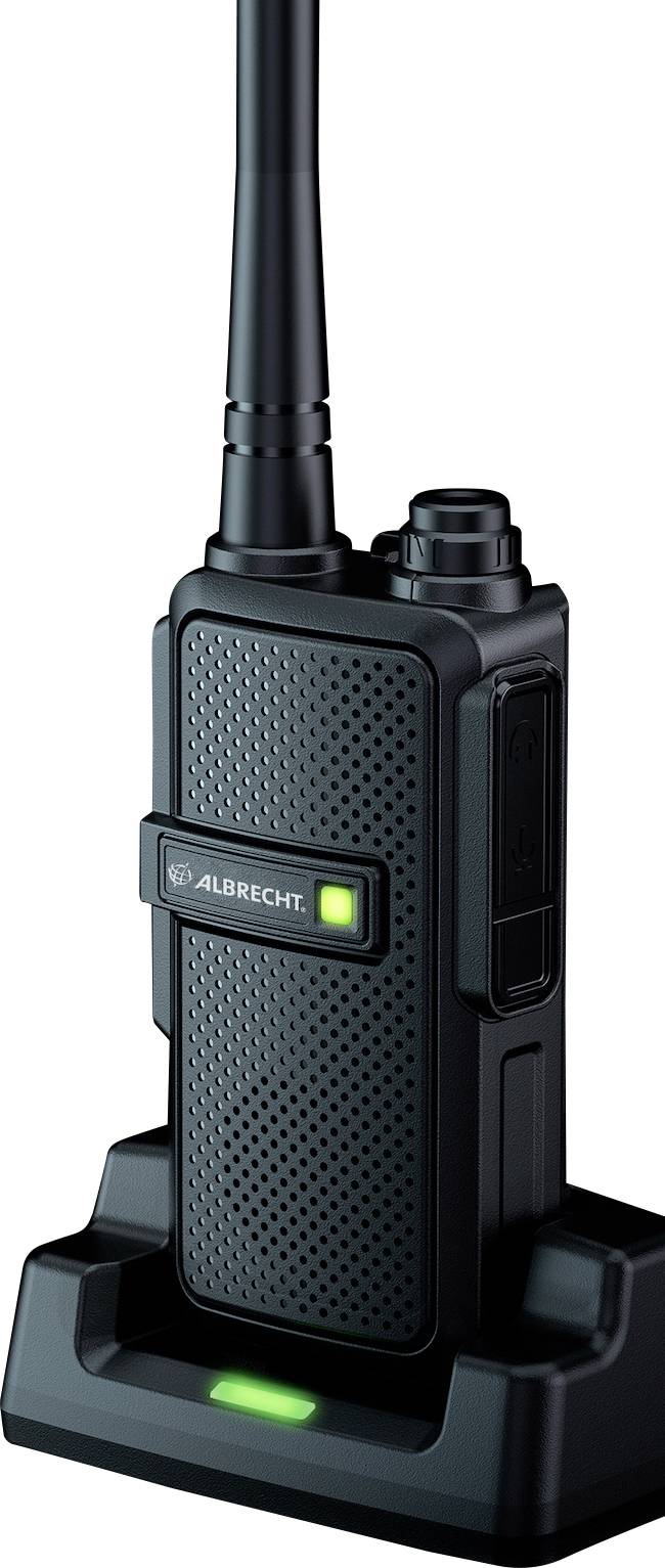 A black walkie-talkie in its charging dock, with a glowing green LED indicator, branded 'Albrecht', stands upright.