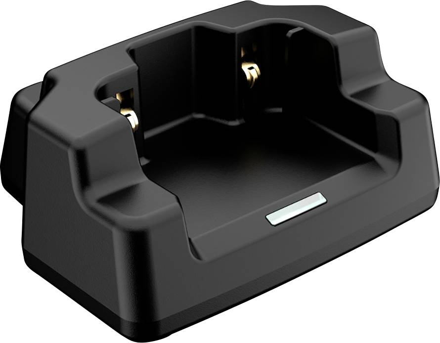 Black charging station with two metal contacts inside, suitable for a specific technical device.