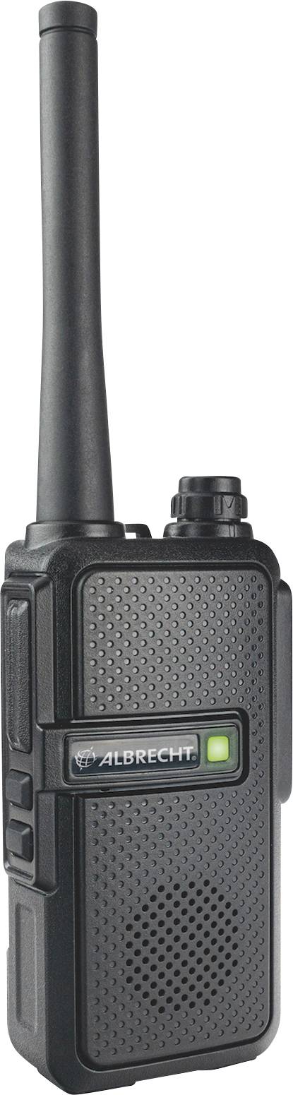 Black walkie-talkie with a long aerial and a button on top. On the front, 'Albrecht' is written with green light underneath.
