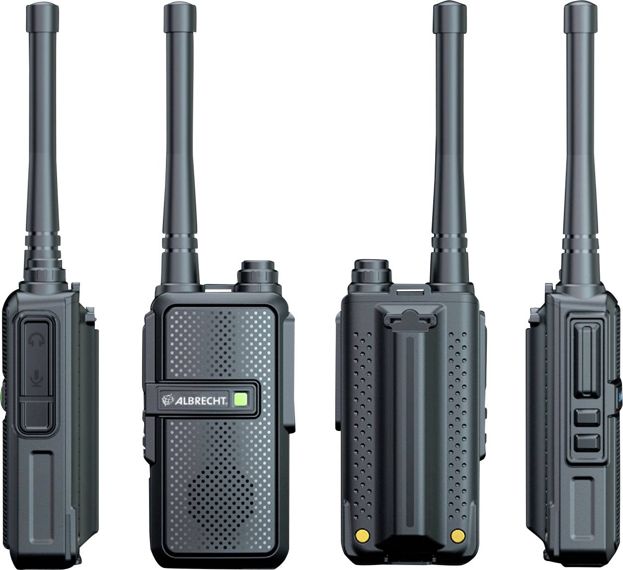 Four views of a radio device: front view with logo, rear view, and sides with buttons. Each device has an antenna.