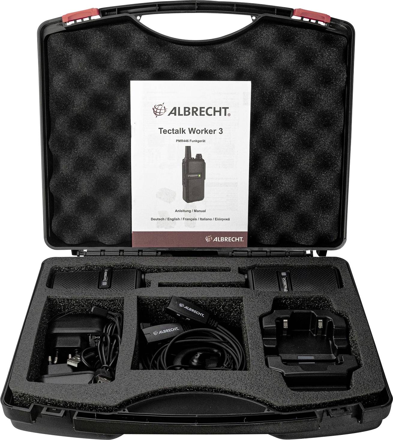 Open suitcase with 'Tectalk Worker 3' two-way radio, charger and accessories. Manual included in multiple languages.