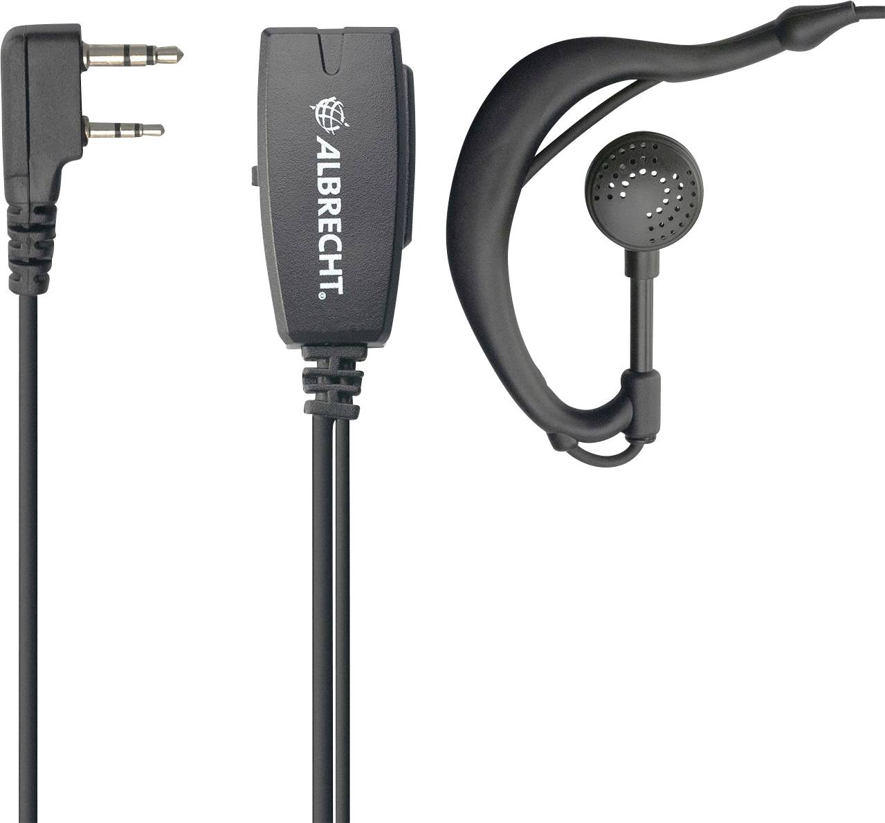 A black headset with a 3.5mm jack plug and ear hook. The cable is branded 'Albrecht'.