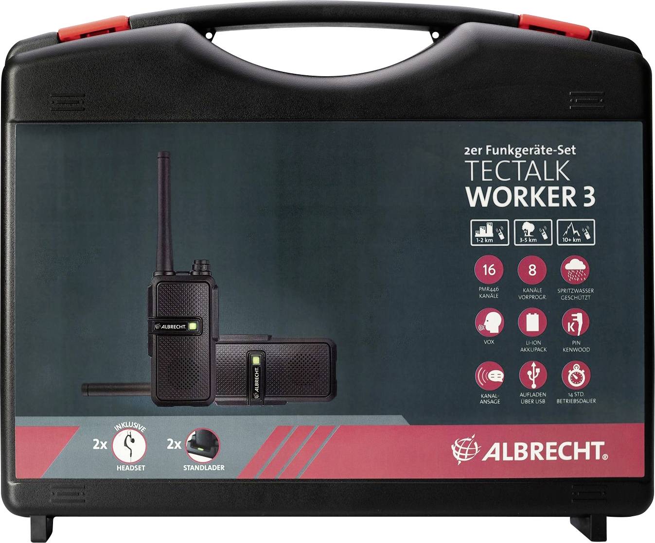 Black carry case with 'TECTALK WORKER 3' print. Shows two two-way radios and symbols for functions such as range and weather resistance.