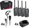 Four black two-way radios with accessories: headsets and chargers. Top left is the packaging with the label 'Tectalk Worker 3'.