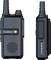 Two views of a black Albrecht walkie-talkie. Left view showing the speaker and green LED indicator. Right view displaying side buttons.