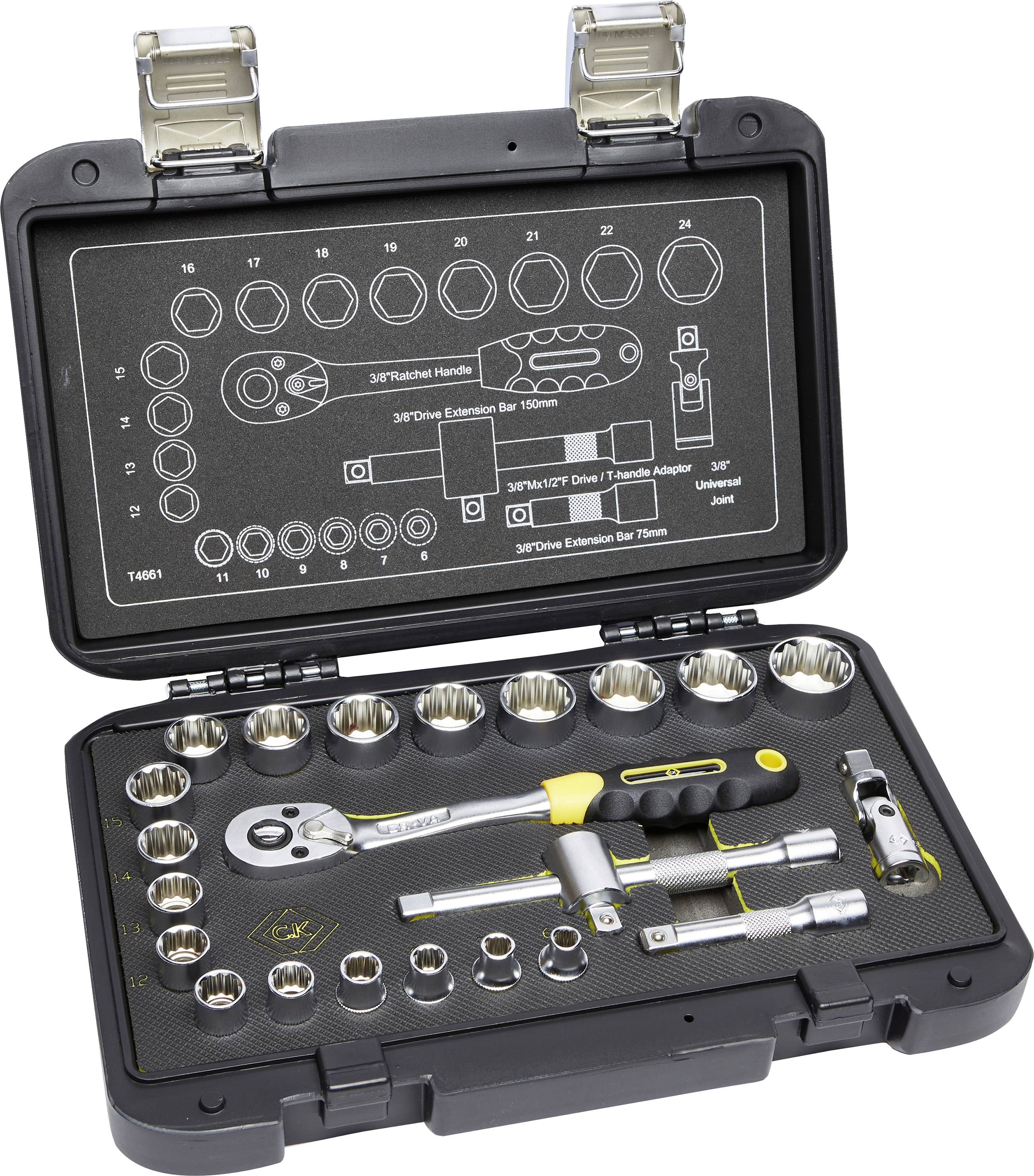 A black tool case with a socket set, ratchet, extensions, and accessories. The open lid reveals the arrangement of the components.
