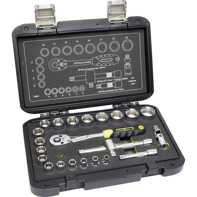 A black tool case with a socket set, ratchet, extensions, and accessories. The open lid reveals the arrangement of the components.