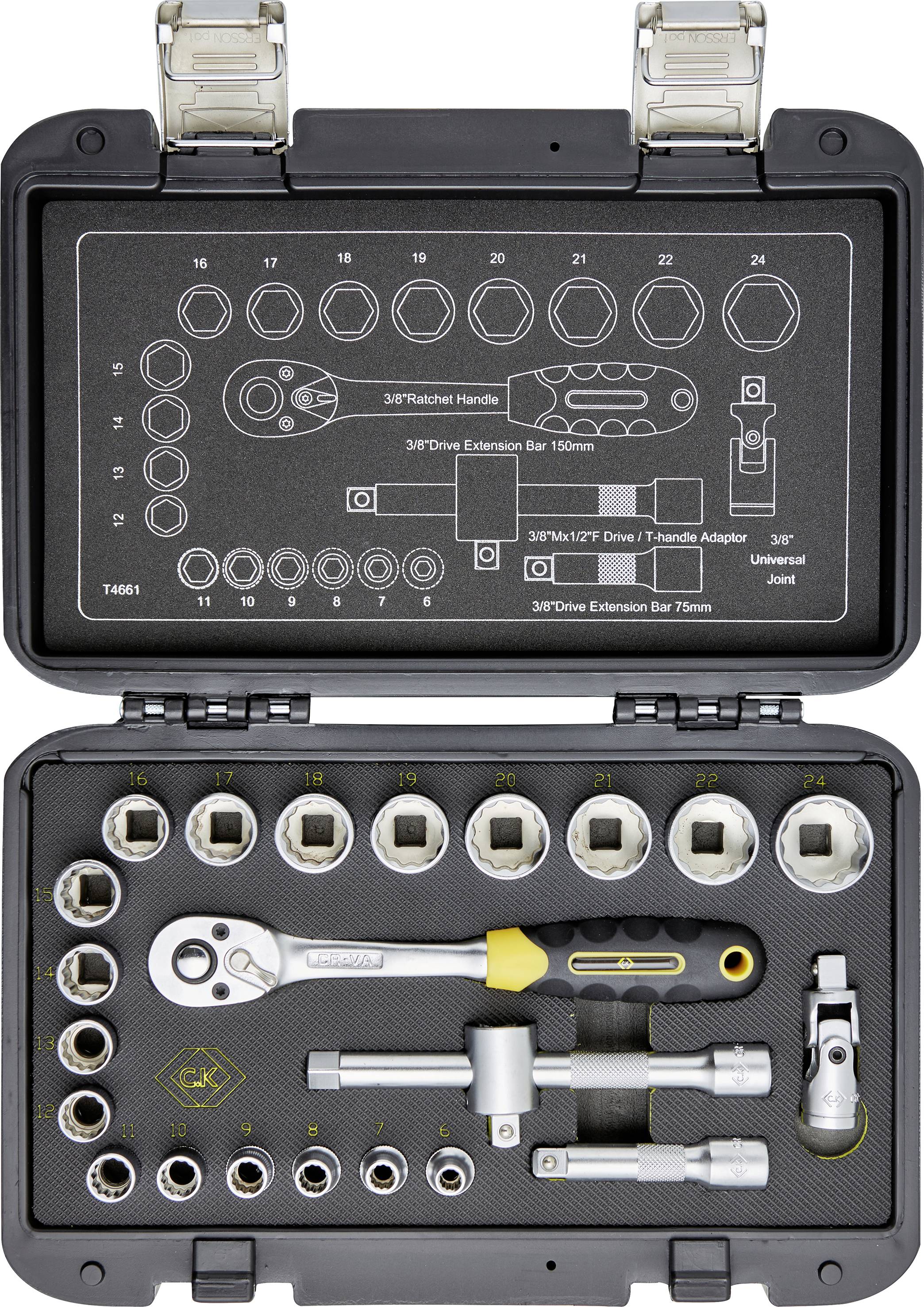 Socket set in an open case. Contains sockets in various sizes, a ratchet, extension bars, and adapters.