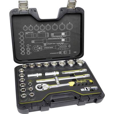 Tool case with socket keys, ratchet and extensions. Contains various socket sizes and accessories in a black case.