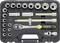 'Socket wrench and ratchet set in a plastic case, with various sizes of sockets neatly arranged.'