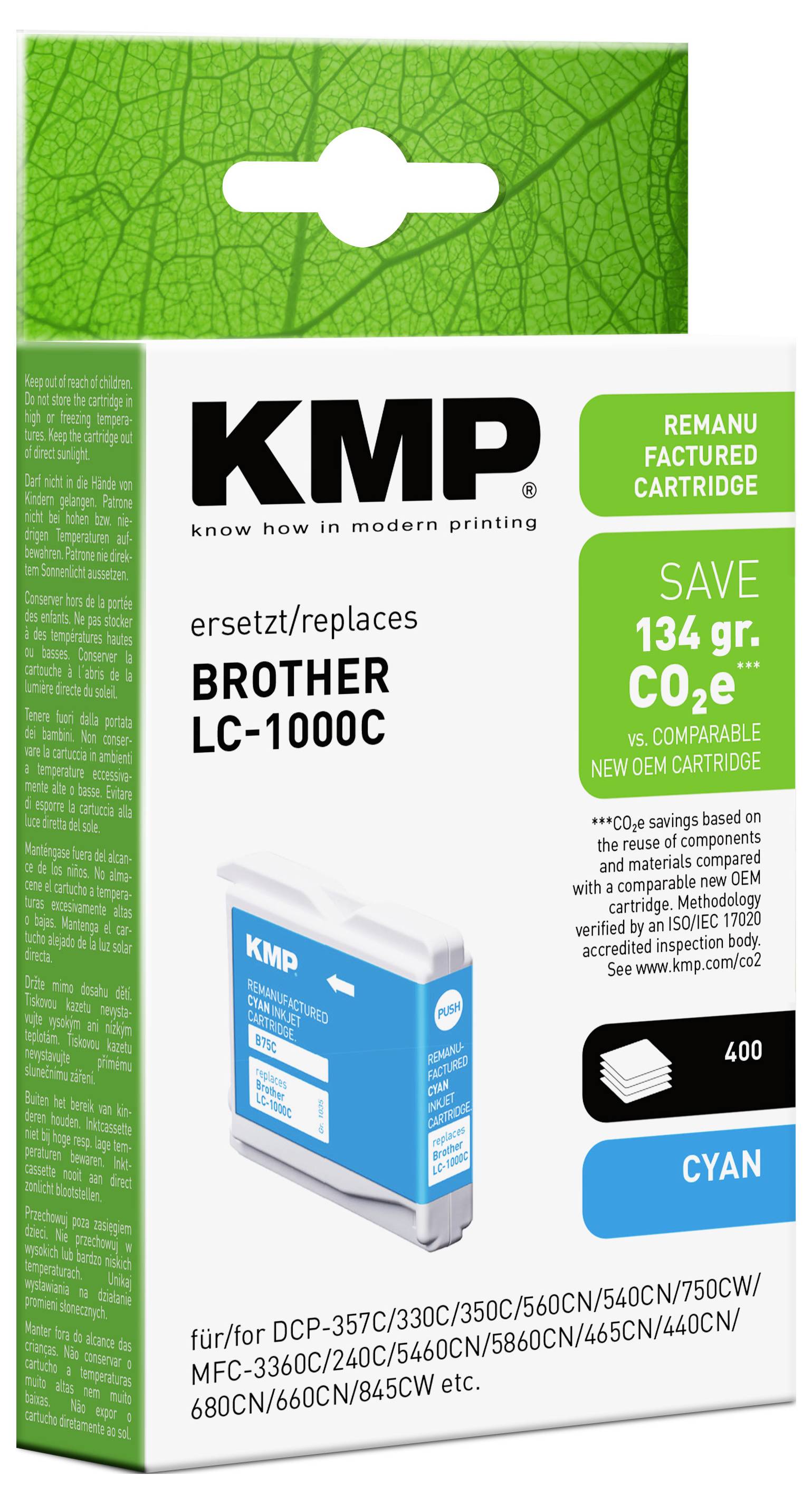 Package of KMP replacement ink cartridge for Brother LC-1000C, cyan, with 'save 134 g CO2e' eco claim and cartridge image.