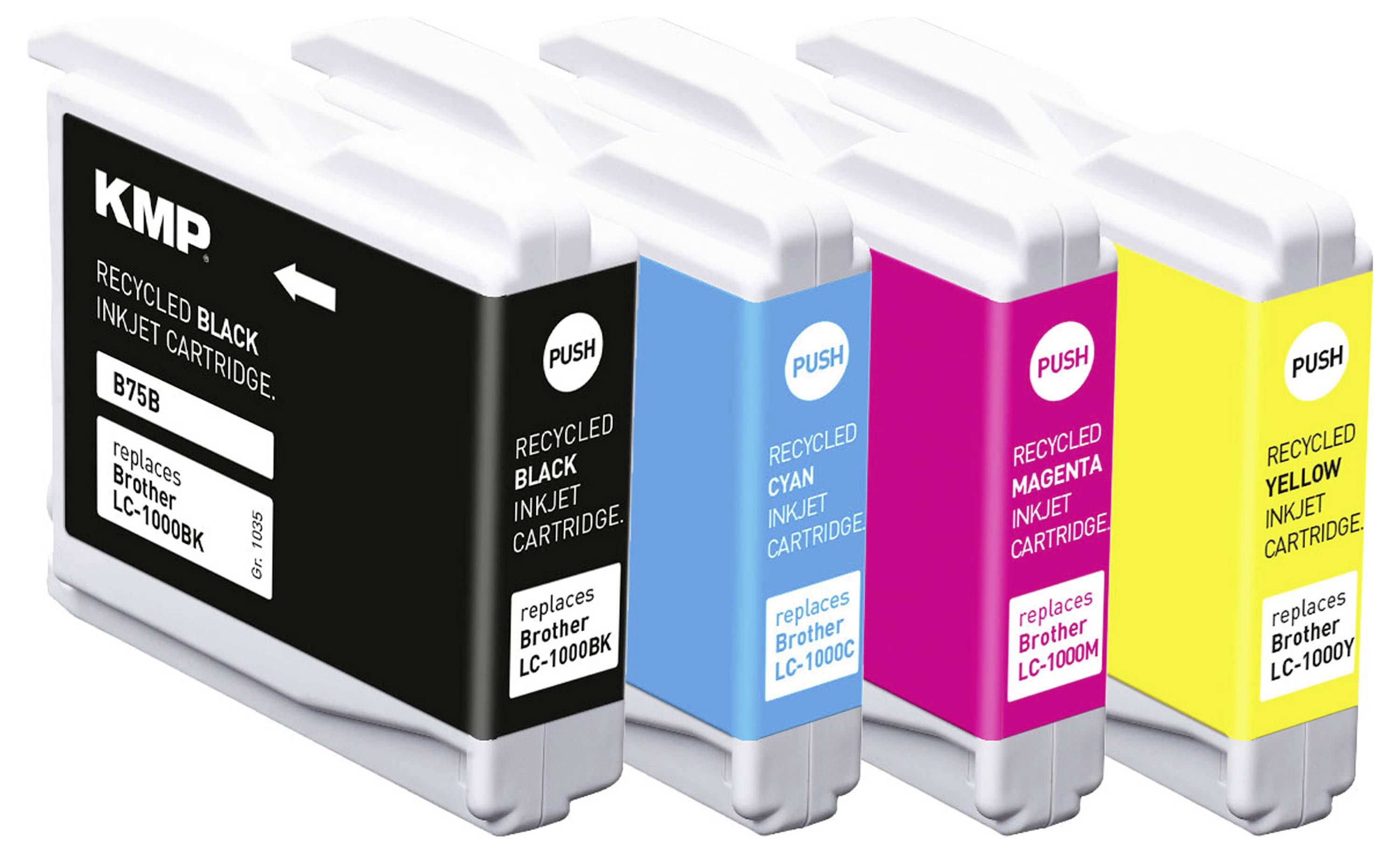 Four recycled inkjet cartridges in black, cyan, magenta, and yellow with 'PUSH' button, replacing Brother LC-1000 cartridges.