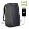 A grey rucksack with an integrated solar panel charges a smartphone. Next to the rucksack is the text '50% rePET, textile made from recycled PET bottles'.