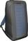 Grey rucksack with an integrated solar panel on the front. Two shoulder straps, the right one blue.