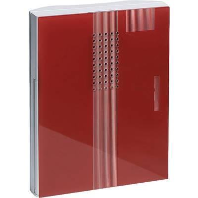 A red telecommunications device with vertical lines and ventilation slots on the front.